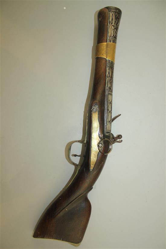 A 19th century Turkish flintlock blunderbuss pistol, 17.75in.